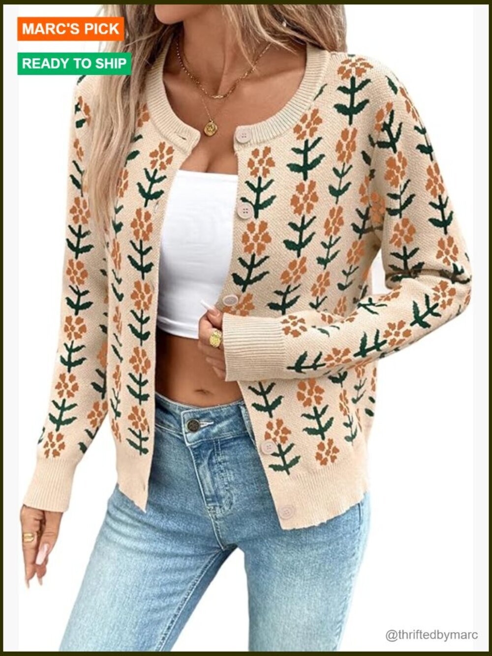 Women's Button Down Cardigan Sweater Long Sleeve Floral Printed Cropped Coat